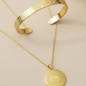 Allahlı Ayetel Kürsi Kolye ve Ayetel Kürsi Bileklik Seti Gold Çelik İslami Takı