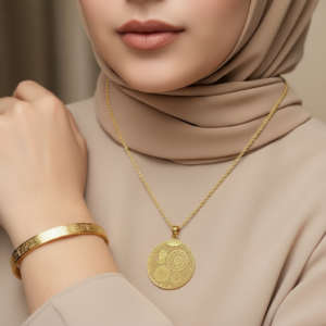 Çoklu Dua Kolye ve Ayetel Kürsi Bileklik Seti Gold Çelik Şık Takı Seti
