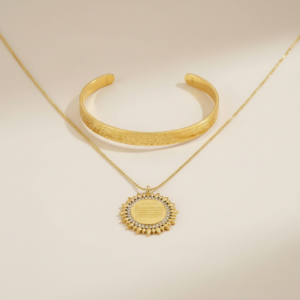 Güneş Model Kolye ve Ayetel Kürsi Bileklik Seti Gold Çelik Şık Takı Seti