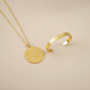 Hat Sanatı Ayetel Kürsi Kolye ve Ayetel Kürsi Bileklik Seti Gold Çelik