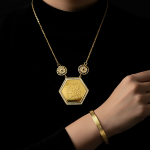 Maşallah Yazılı Kolye ve Ayetel Kürsi Bileklik Seti Gold Çelik İslami Takı