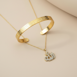 Minimal Allah Yazılı Kolye ve Ayetel Kürsi Bileklik Seti Gold Çelik