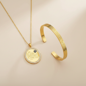 Nazar Boncuklu Kolye ve Ayetel Kürsi Bileklik Seti Gold Çelik Şans Takısı