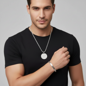 Süleyman Mührü Kolye ve Ayetel Kürsi Bileklik Seti Gri Renk Çelik İslami Takı