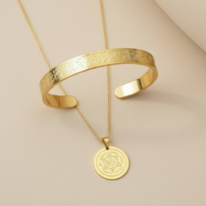 Süleyman Mührü Kolye ve Ayetel Kürsi Bileklik Seti Gold Renk Çelik İslami Takı