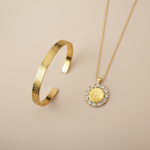 Taşlı Allah Yazılı Kolye ve Ayetel Kürsi Bileklik Seti Gold Çelik İslami Takı