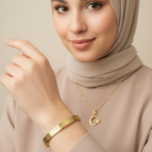 Türk Bayraklı Kolye ve Ayetel Kürsi Bileklik Seti Gold Çelik Takı