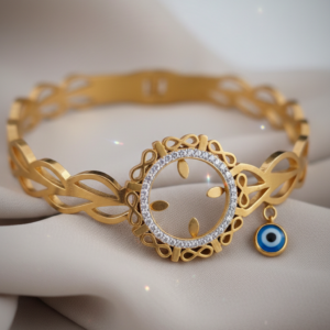 Zirkon Taşlı Nazar Boncuklu Çeyrek Takılan Kelepçe - Çelik